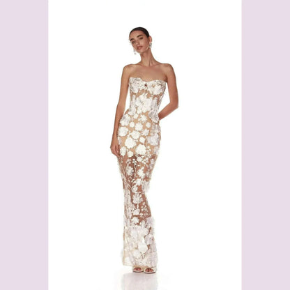 Luxurious 3D Flowers Chest Wrapping Dresses Spring Women High Waist Zipper Knee Length Dress Female Sleeveless Backless Dress