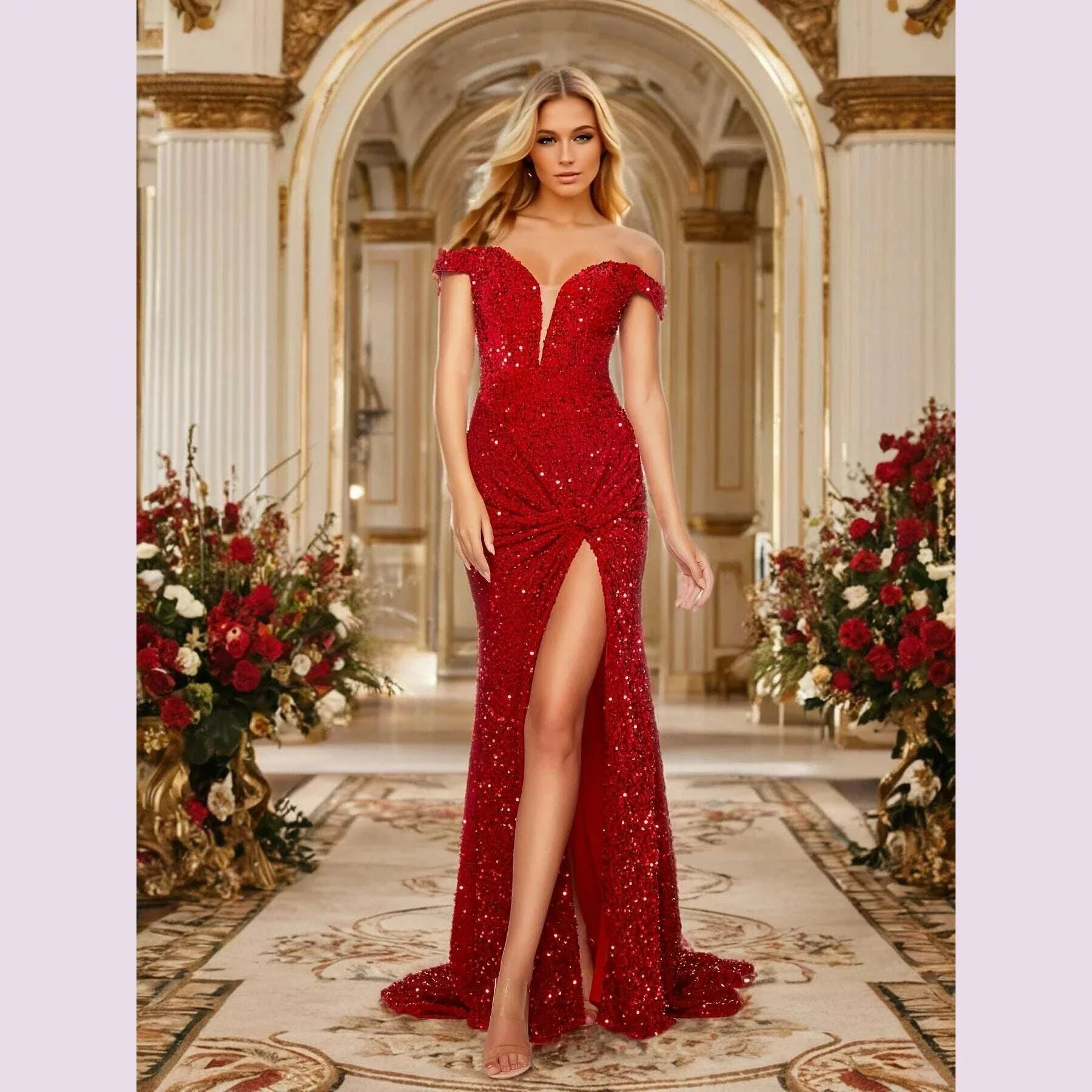 Elegant Sleeveless Slash Neck Evening Slit Women Dress Sequin Backless Off Shoulder Bodycon Home Party Dresses Floor Length