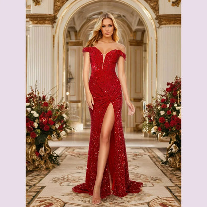 Elegant Sleeveless Slash Neck Evening Slit Women Dress Sequin Backless Off Shoulder Bodycon Home Party Dresses Floor Length