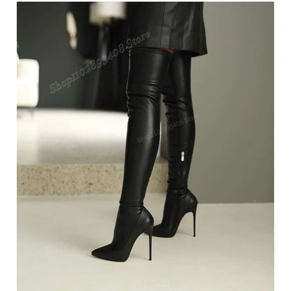 Black Pointed Toe Over the Knee Boots Stiletto High Heel Side Zipper Matte Leather Sexy Women Shoes 2024 Zapatos Para Mujere