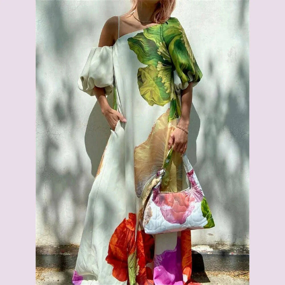 Yeezzi Women's Dress 2025 New Summer Floral Print One-shoulder Elegant Party Evening Maxi Dresses Fashion Vacation Beach Dress