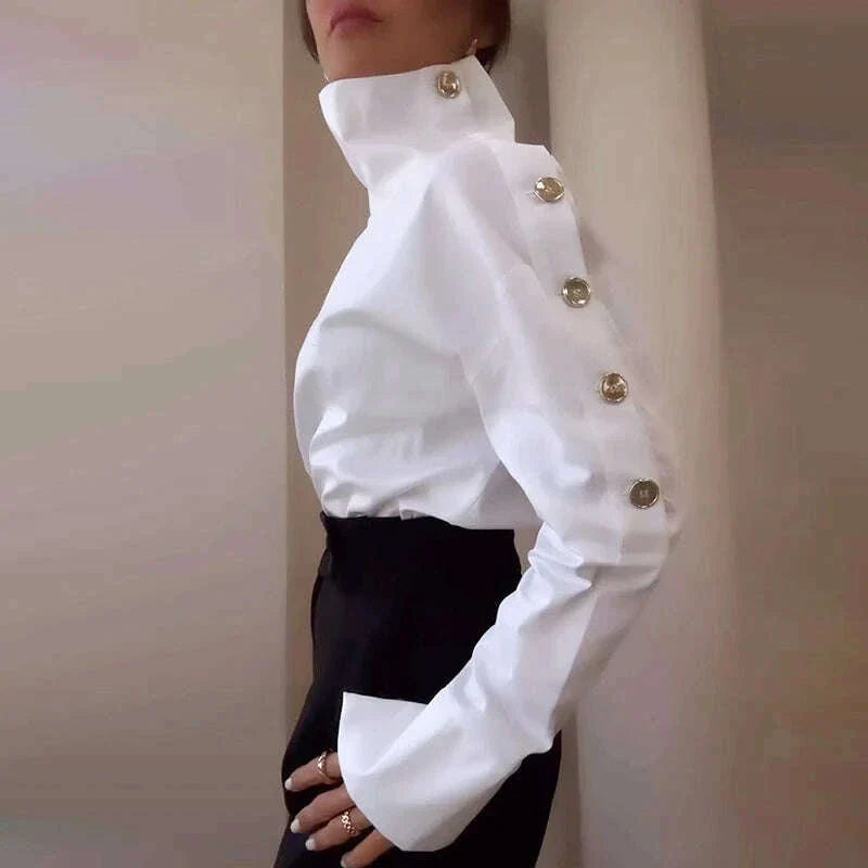 Office Ladies One Shoulder Temperament Blouse 2025 Fashion Metal Button Slim Shirts Vestido Women New White Long Sleeve Tops