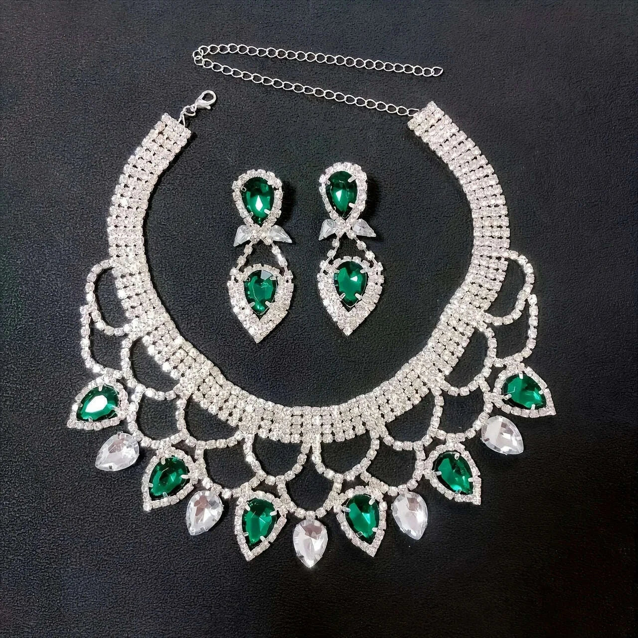Fashionable ladies' exaggerated and exquisite handmade rhinestone necklace earring set, bride's dance dress jewelry accessories