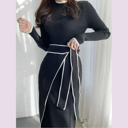 Elegant Stand Collar Contrast Bandage Long Sleeve Women Knitted Dress Autumn Korean Fashion Casual Knit Bodycondresses Vestidos