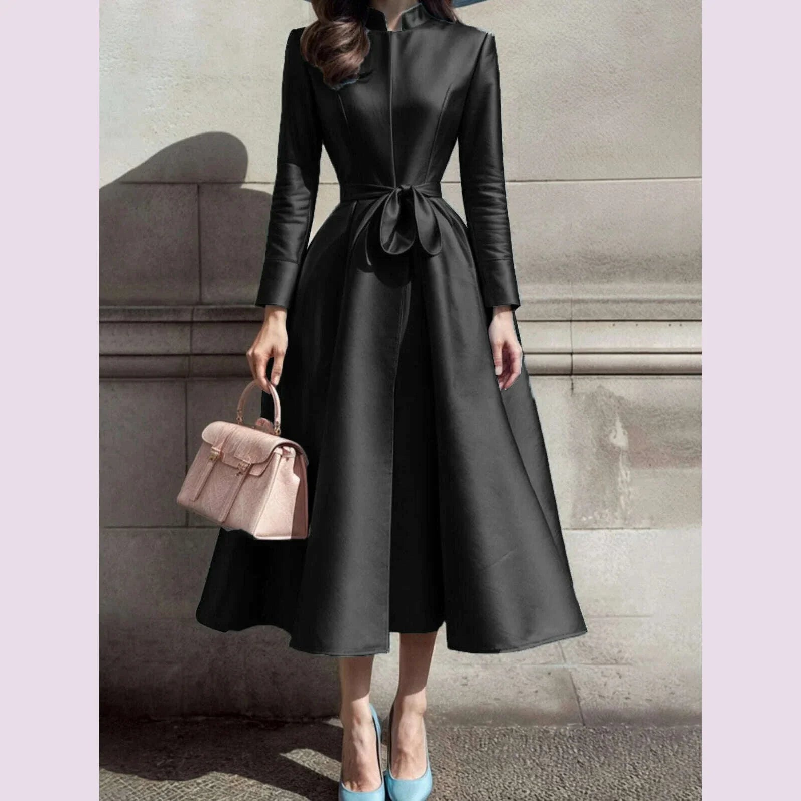 Elegant Dress for Women Stand Collar Pleated A-Line Long Sleeve Sweet Party Club Evening Wedding Guest Midi Dresses with Belt