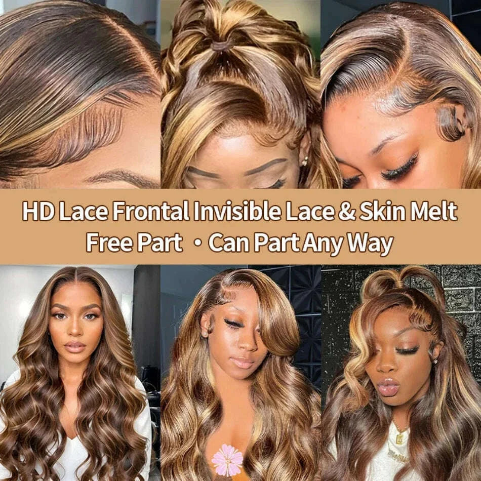 Highlight 13x6 Hd Lace Body Wave Frontal Wig Brazilian Colored Highlight Human Hair Wigs For Women 4/27 Blonde Pre Plucked Wigs