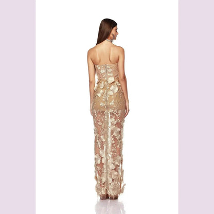 Luxurious 3D Flowers Chest Wrapping Dresses Spring Women High Waist Zipper Knee Length Dress Female Sleeveless Backless Dress