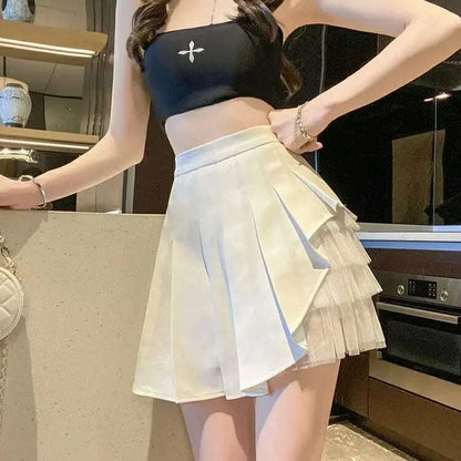 Pleated Skirts Women Chic Summer Party All-match Schoolgirls Clothing Vintage Slim Simple Pure Faldas Ulzzang Y2k Mesh Design