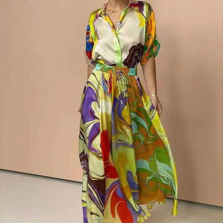 Fashionable Summer Silk Printed Women Set Dress Loose Short Sleeves Shirt Top +skirt Waist 2 Piece Sets Elegant Ladies Suit
