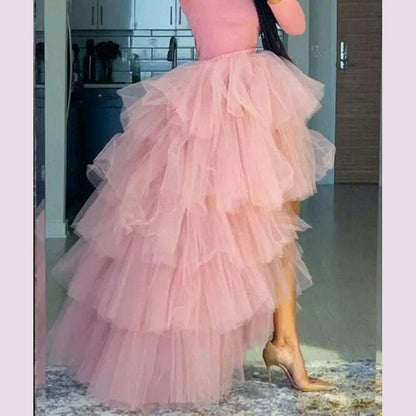 Women Tulle Petticoat Tiered High Low Elastic Waist Tutu Skirts Puffy Long Soft Net Gown Underskirt Prom Maxi Skirt Free Size