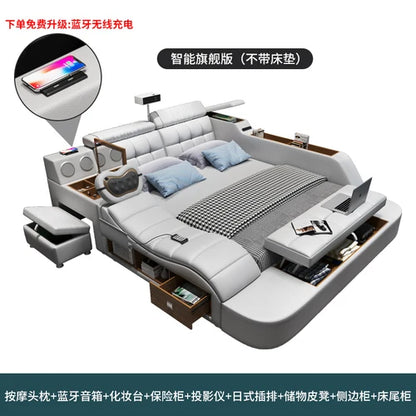 Multi functional intelligent massage tatami leather bed master bedroom double 2m bed wedding bed modern minimalist projector