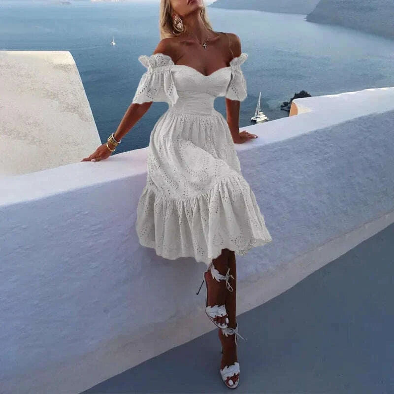 Dress Women Off Shoulder Mid Length Dresses Solid Dot Sexy Splice Tight High Waist V Neck A Line Elegant Slim Fit Vestidos