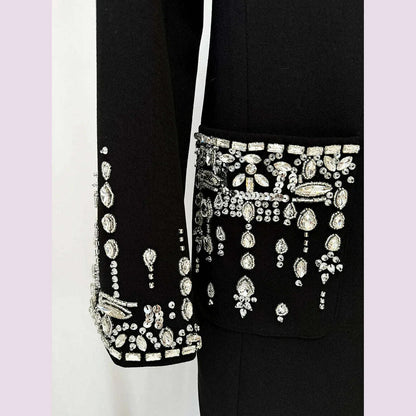 Modphy Elegant Black V-Neck Long Sleeve Diamond Beads Saudi Prom Gown Floor Length Formal Evening Party Dresses For Women 2024