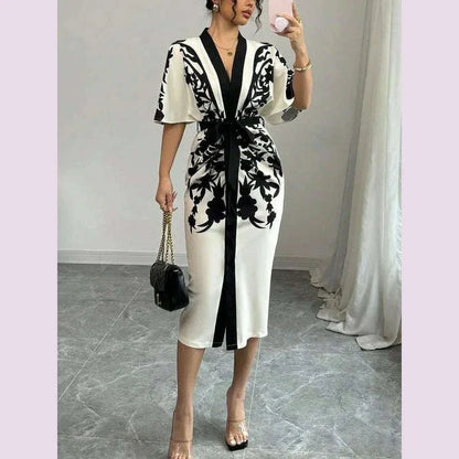 Yeezzi Urban Elegant Women Flower Printed Tied Waist Party Evening Midi Dresses 2025 New Half Sleeves V-Neck Office A-line Dress