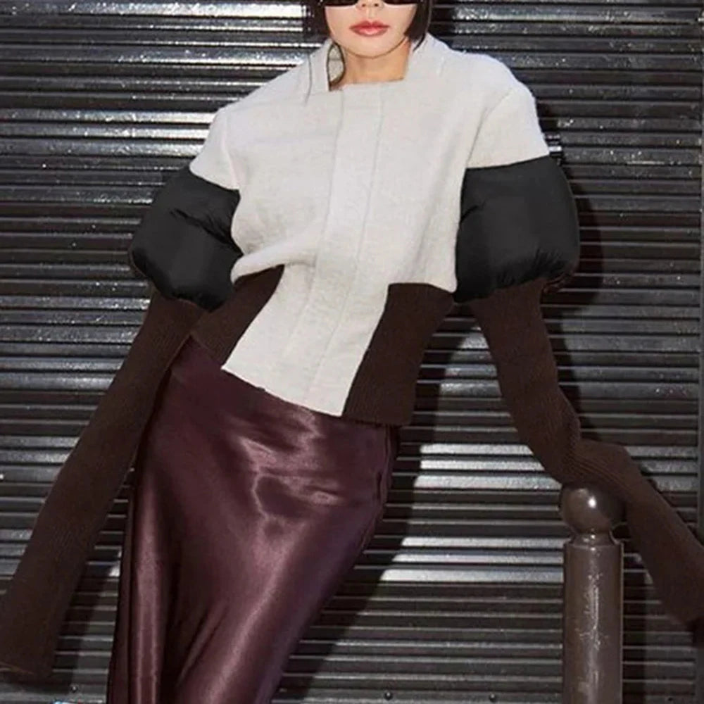 TWOTWINSTYLE Hit Color Slimming High Street Coat for Women Round Neck Long Sleeves Patchwork Zipper Fashion Jackets Female New