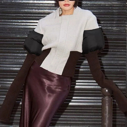 TWOTWINSTYLE Hit Color Slimming High Street Coat for Women Round Neck Long Sleeves Patchwork Zipper Fashion Jackets Female New