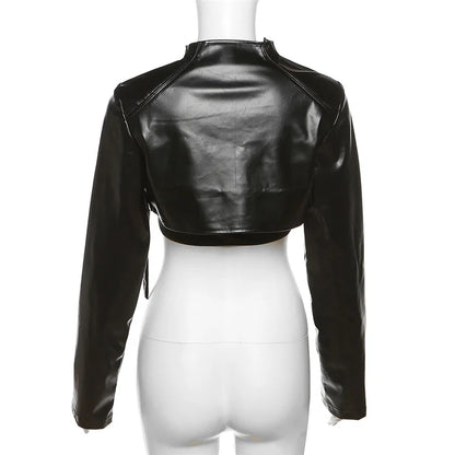 BOOFEENAA Crop PU Leather Jacket Women with Tube Top Two Piece Set Streetwear Fashion Black Coats Winter Clothes C71-CH22