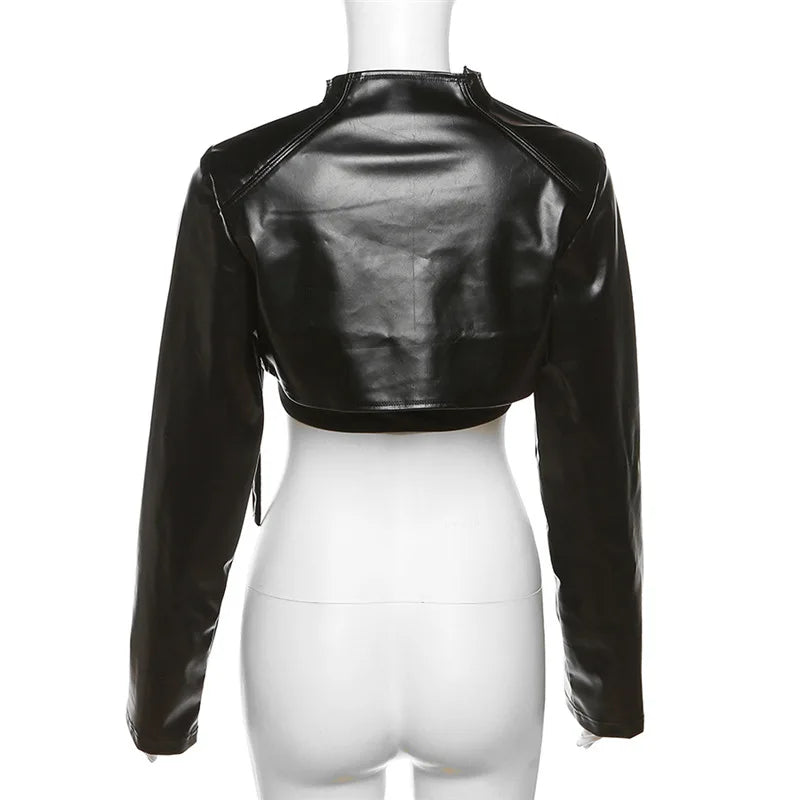 BOOFEENAA Crop PU Leather Jacket Women with Tube Top Two Piece Set Streetwear Fashion Black Coats Winter Clothes C71-CH22