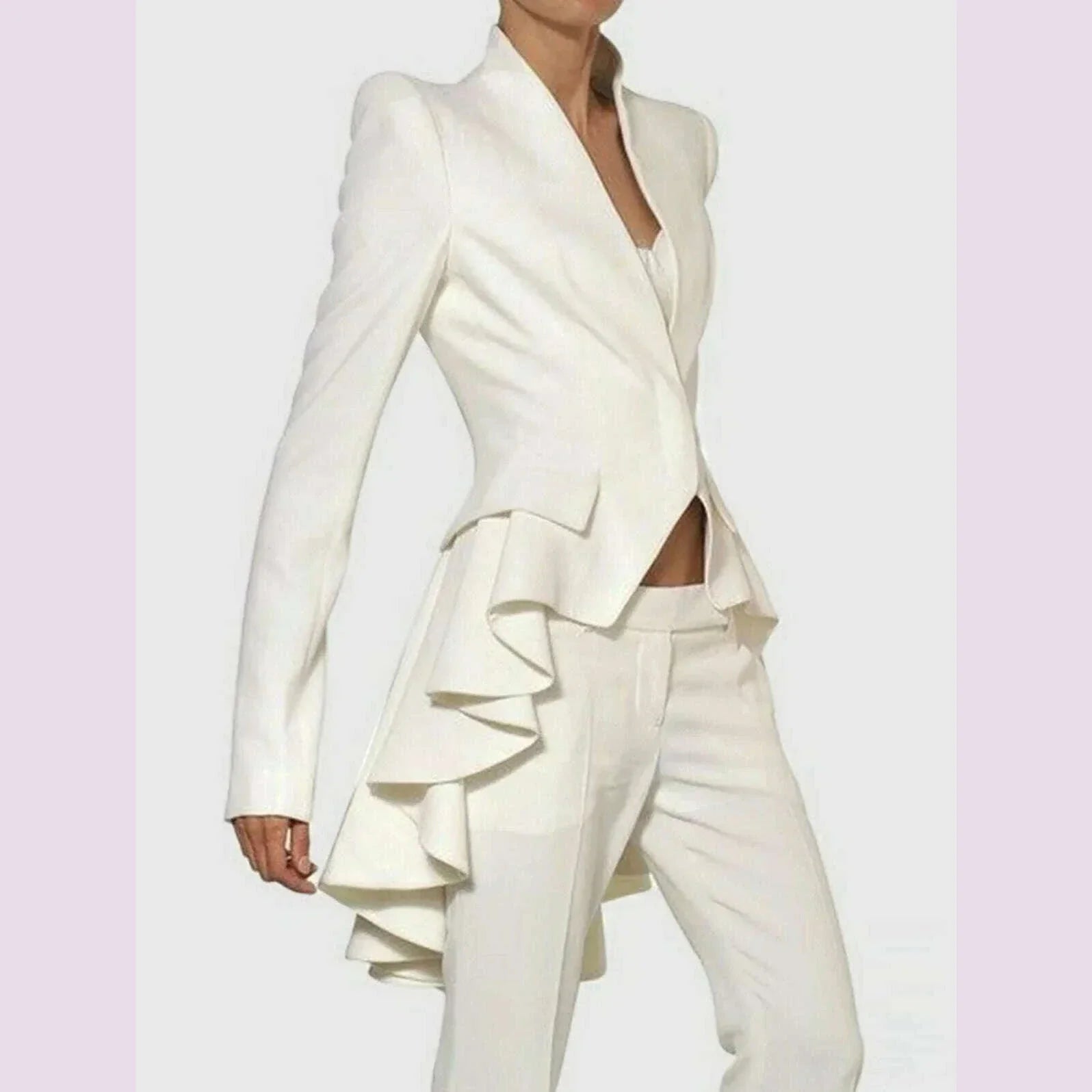 Chic Blazer Woman Spring Autumn Long Sleeve Stand Collar Solid Coat Slim Ruffle Casual Jackets Vintage Tailed Blazers Outwears