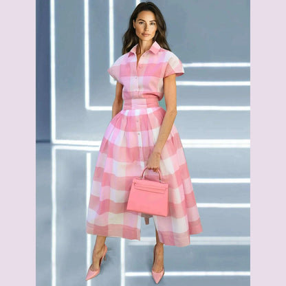 Summer Elegant Women's Dress Plaid Turndown Collar Shirt Waisted Evening Party Dress Button Women's Midi Dress with Belt