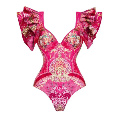 FLAXMAKER  Ruffled Rose Red Blooming Flower Print One Piece Swimsuit and Skirt Women Beachwear Luxury Bathing Suit