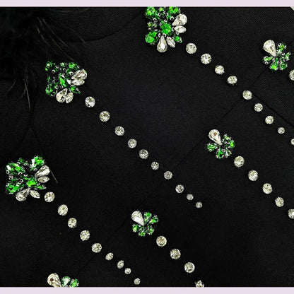New Women Sexy Long Sleeve Feather Crystal Diamonds Black Knitted Long Bandage Dress Cut Out Elegant Evening Club Party Dress