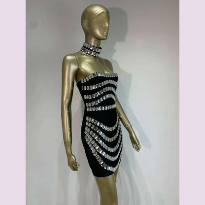 Brand New Ins 2025 Women Black Strapless Crystal Bandage Bodycon Dress Designer Collar Elegant Mini Evening Party Dress Vestido