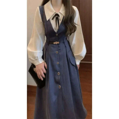 French literature and art retro commuting new vest dress women's spring and autumn college long-sleeved shirt age-reducing waist