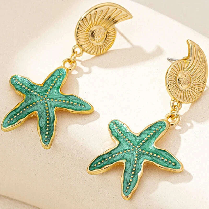 Conch Earrings for Women Fashion Children's Fun Ocean Series Metallic Color Starfish Beach Holiday Style Banquet Gift