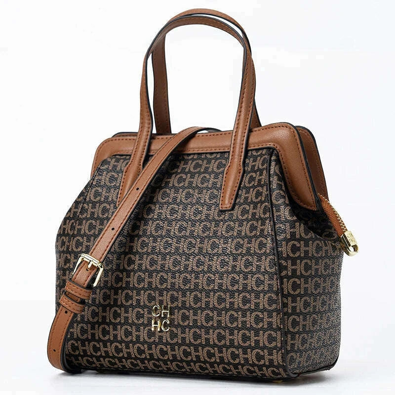 CH Classic Fashion Zipper Design Women's Handbag, Monogram Print, Versatile Solid Color Block Shoulder Bag