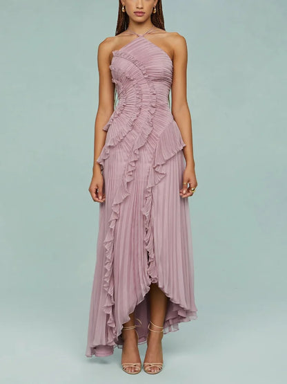 Ruffles Tiered Pleated Maxi Dress Women Summer Fashion A Line Backless Halter Sexy Dresses Gown Elegant Evening Long Party Dress