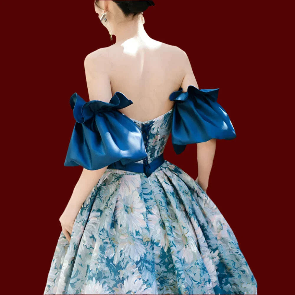 Luxury Flora Print Blue Korean Prom Dresses Removable Puff Sleeves Strapless A Line Evening Gowns Formal Occasion  Floor Length