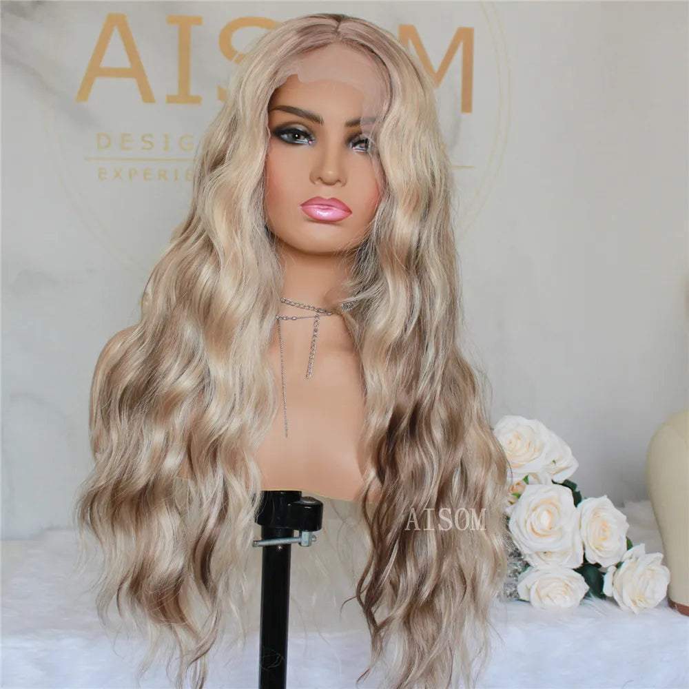 Long Wavy Synthetic Lace Front Wig Highlight Blonde Natural Wave Transparent Pre Plucked Heat Resistant Fiber Wig for Women