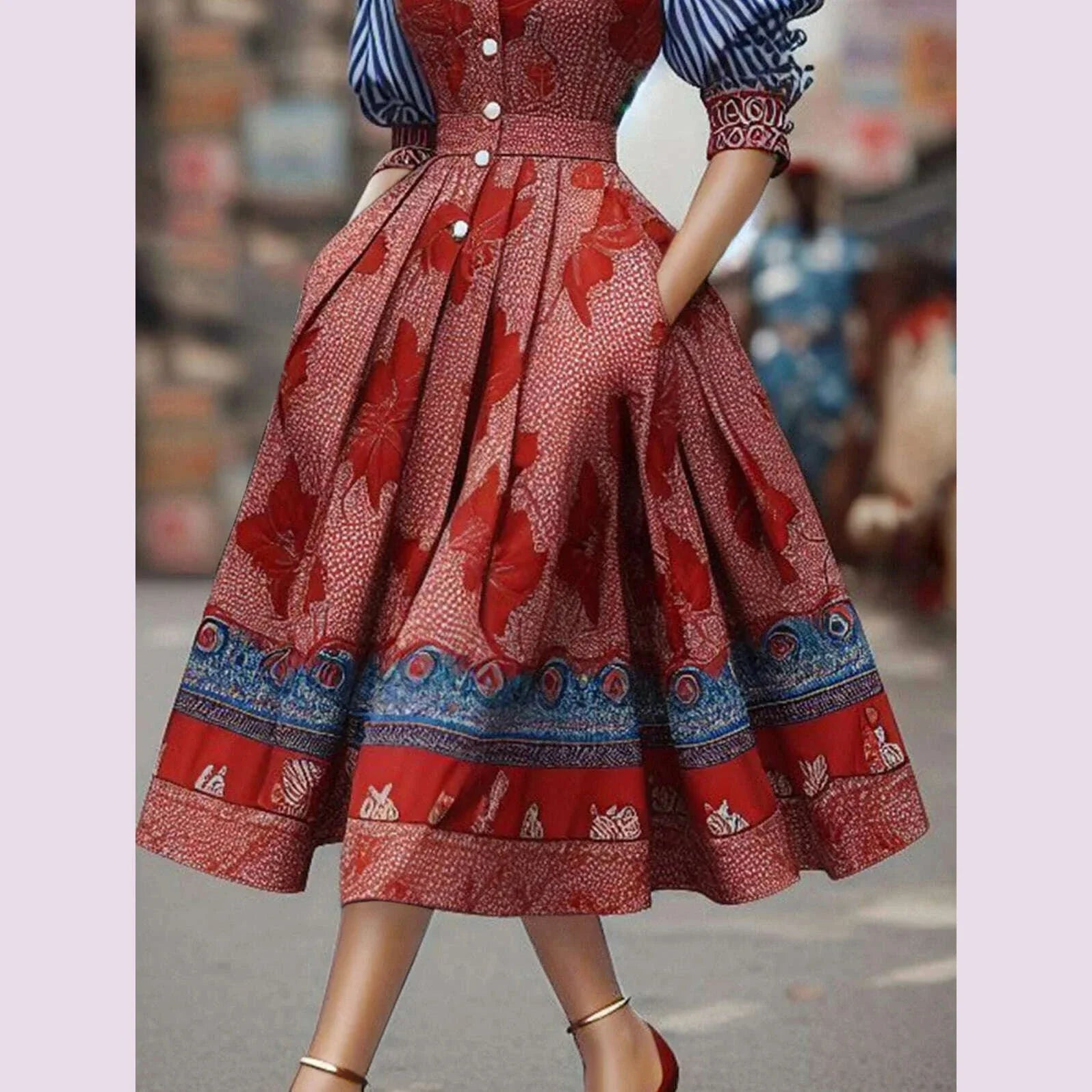 Elegant Women's Dress Striped Floral Patchwork Turndown Collar Shirt Mid-Length Waisted Evening Party Dress Women's Midi Dress