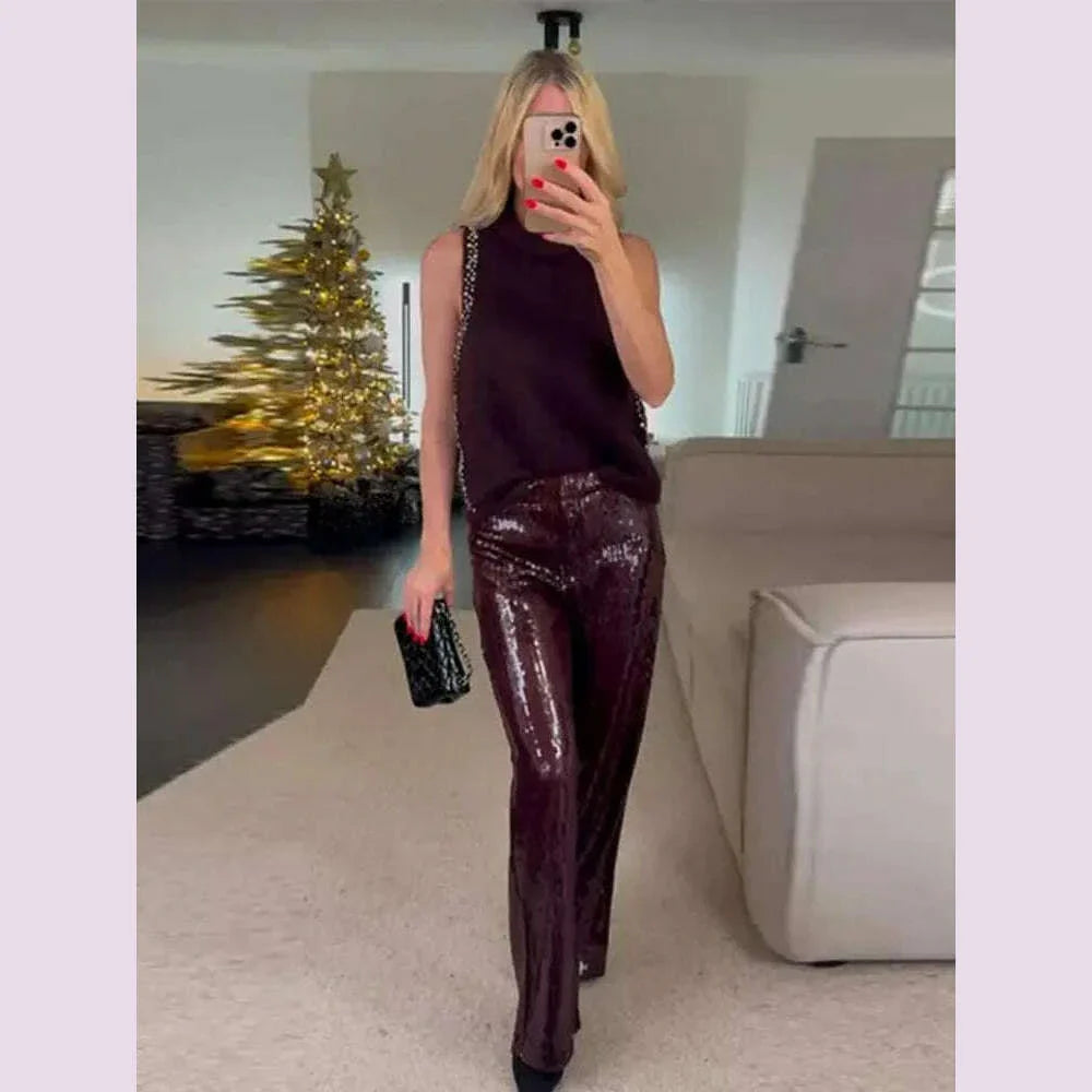 Street Sequin Pants Women Loose High Waist Wide Legs Shiny Trousers Female 2025 Spring Fashion Straight Chic Streetwears Lady