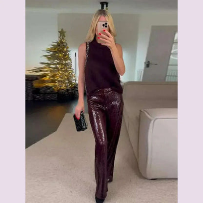 Street Sequin Pants Women Loose High Waist Wide Legs Shiny Trousers Female 2025 Spring Fashion Straight Chic Streetwears Lady