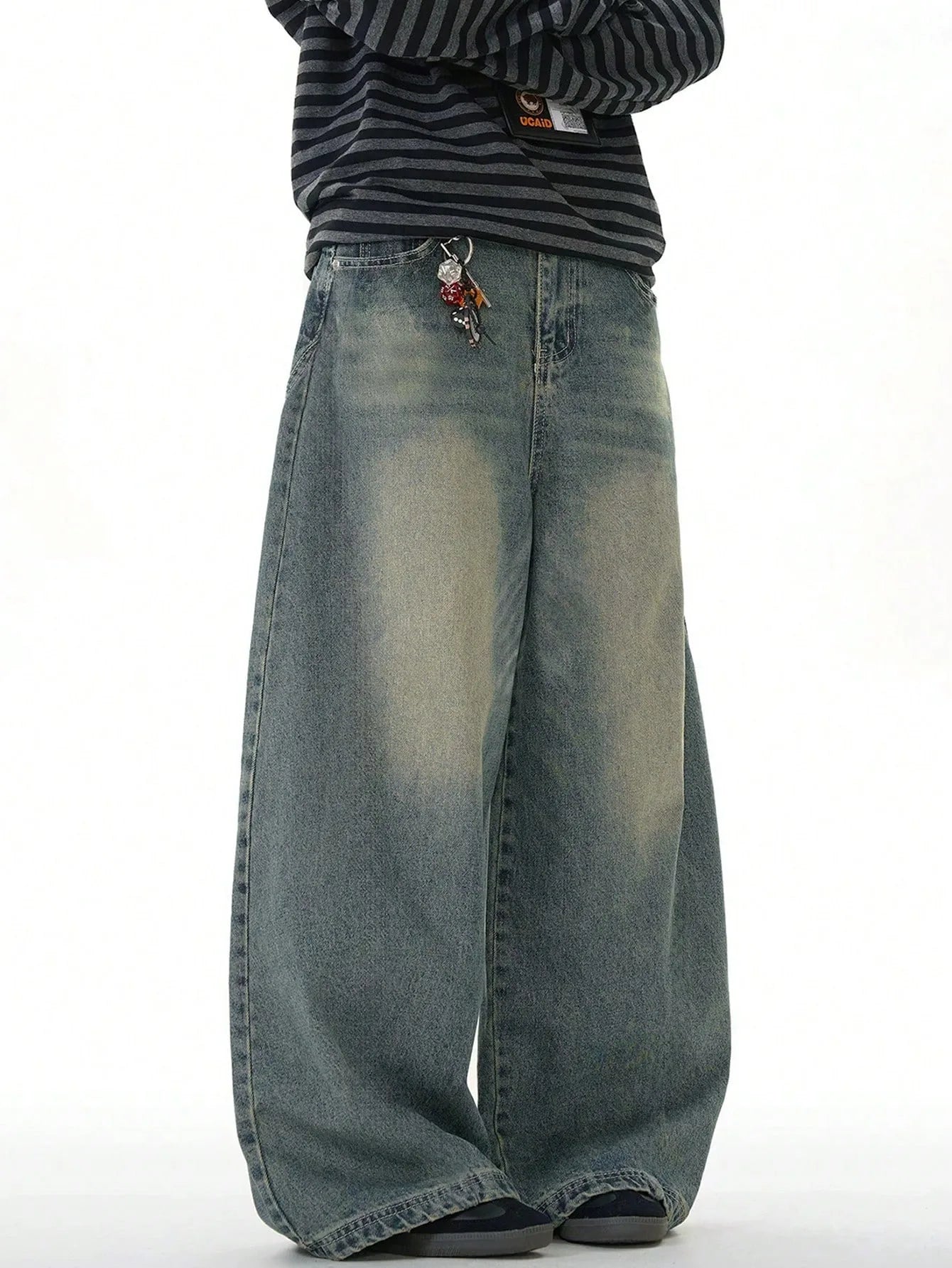 Men's loose straight-leg wide-leg jeans, sea blue casual American street style pants, comfortable cut, suitable for daily wear i