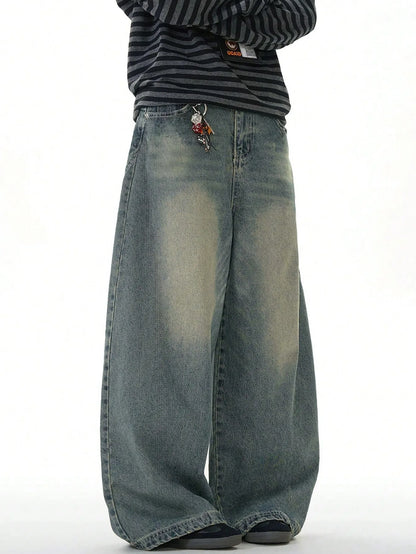 Men's loose straight-leg wide-leg jeans, sea blue casual American street style pants, comfortable cut, suitable for daily wear i