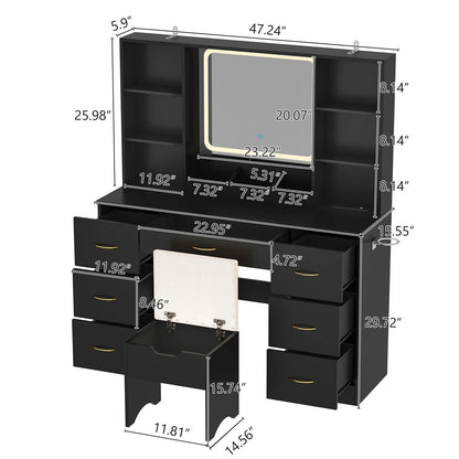 47" Vanity Desk with Mirror and Lights, Large Makeup Vanity with Vanity Chair & Charging Station, Dressing Table with 7 Drawers
