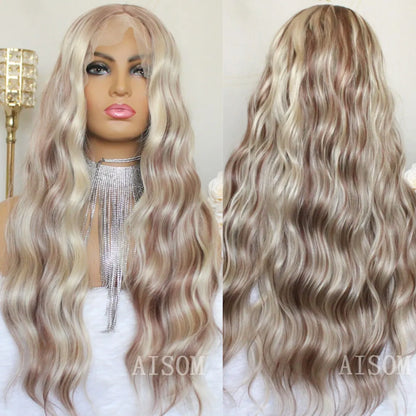 Long Wavy Synthetic Lace Front Wig Highlight Blonde Natural Wave Transparent Pre Plucked Heat Resistant Fiber Wig for Women