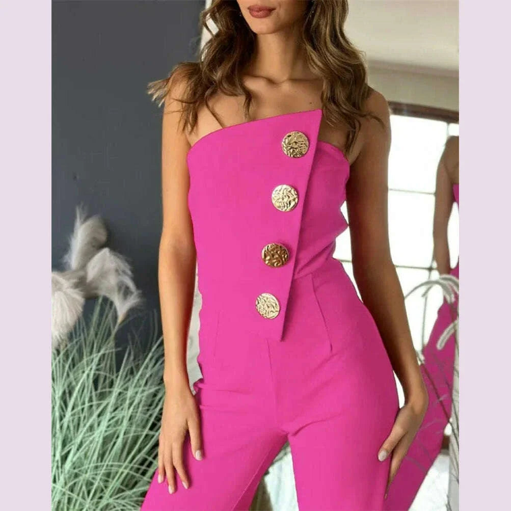 Women's Elegant Sexy Button Sleeveless Strapless Irregular Jumpsuits 2025 Wide Leg Outfits Night Club Streetwear One Piece