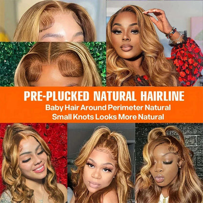 Highlight 13x6 Hd Lace Body Wave Frontal Wig Brazilian Colored Highlight Human Hair Wigs For Women 4/27 Blonde Pre Plucked Wigs