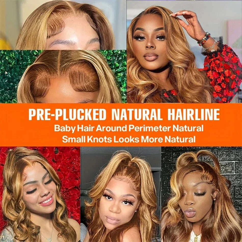 Highlight 13x6 Hd Lace Body Wave Frontal Wig Brazilian Colored Highlight Human Hair Wigs For Women 4/27 Blonde Pre Plucked Wigs
