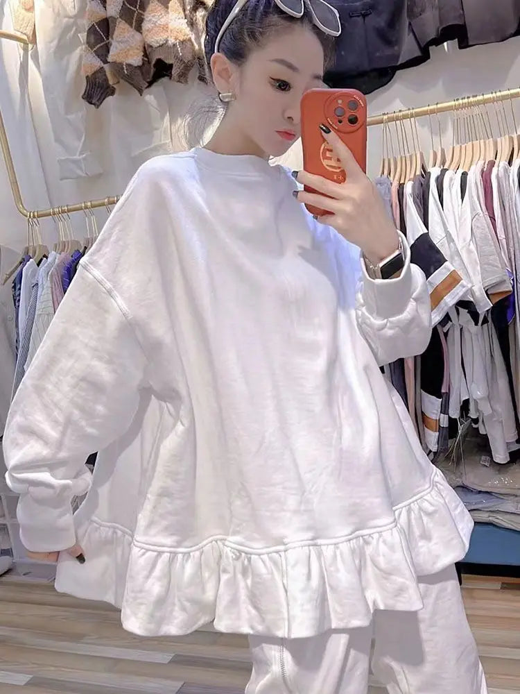 Women Clothing Oversized T Shirts Long Sleeve O-neck White Tees Sweet Ruffles Tops 2025 Ropa Mujer Casual Fashion Y2k Tshirt