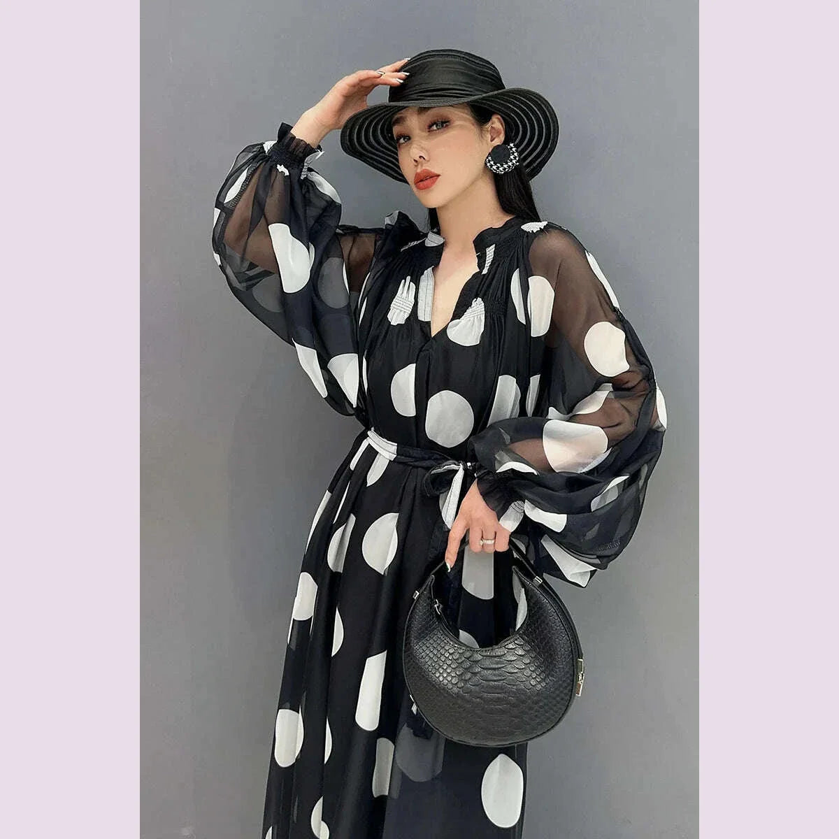 Vefadisa 2025 Summer New Dress Chiffon Printed Polka Dot Puff  Sleeves V-neck Long Dress Loose And Elegant HLX007