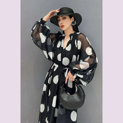 Vefadisa 2025 Summer New Dress Chiffon Printed Polka Dot Puff  Sleeves V-neck Long Dress Loose And Elegant HLX007