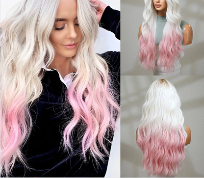 oneNonly Pink White Long Wig Blonde Rainbow Wavy Wigs Halloween Cosplay Party Wigs for Women Makeup Tools Synthetic Hair