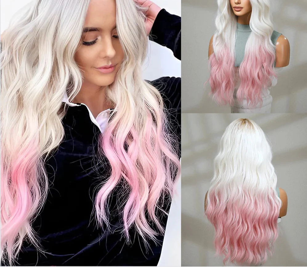 oneNonly Pink White Long Wig Blonde Rainbow Wavy Wigs Halloween Cosplay Party Wigs for Women Makeup Tools Synthetic Hair