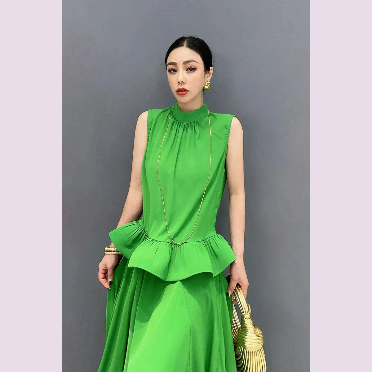 Vefadisa Newest 2025 Summer Green Women Sets Sleeveless Ruffle Edge Top Large hem Long Skirt Two pieces Dress Sets HLX064