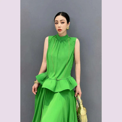 Vefadisa Newest 2025 Summer Green Women Sets Sleeveless Ruffle Edge Top Large hem Long Skirt Two pieces Dress Sets HLX064